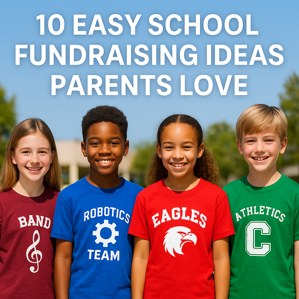 Four smiling students wearing colorful custom spirit shirts for different school programs (band, robotics, athletics, eagles team), standing outside a school building with text overlay “10 Easy School Fundraising Ideas Parents Love.
