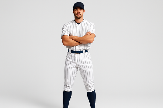Create an image of a baseball player in full uniform. He should be wearing a Fitted baseball hat, a white V-neck jersey with navy blue pinstripe, navy belt, navy socks, and white with navy pinstripe pants.
