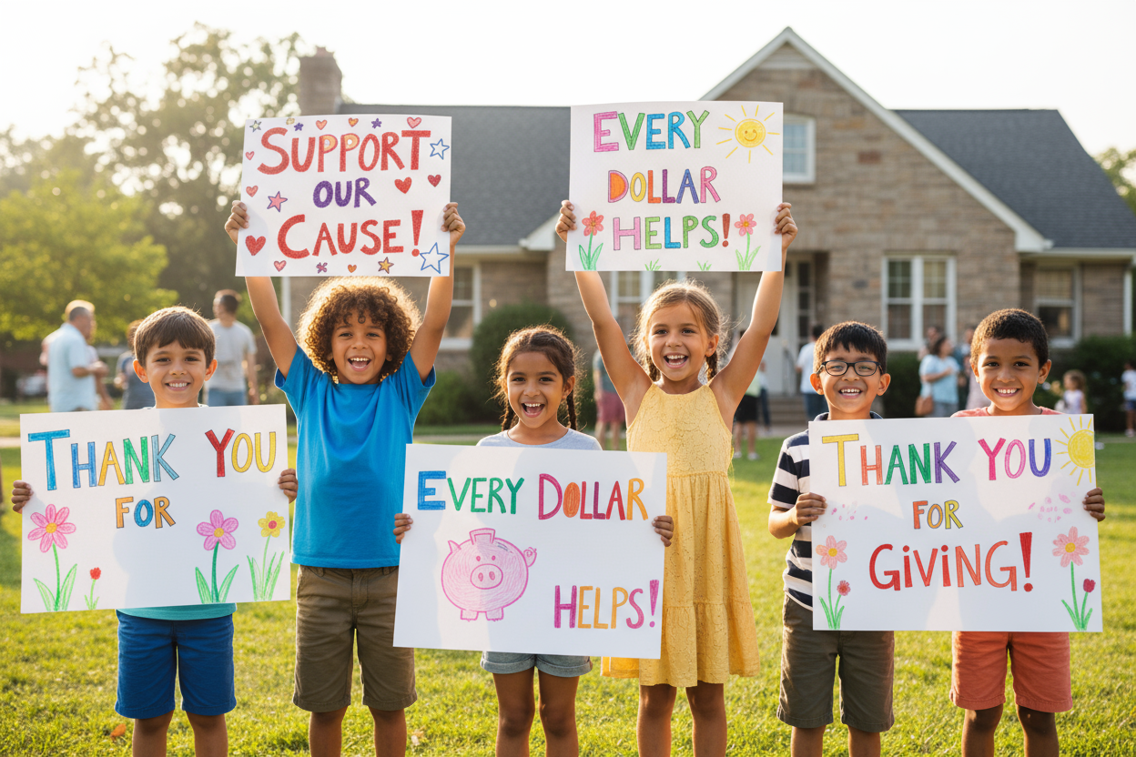 create an image of kids holding had written signs for a fundraiser